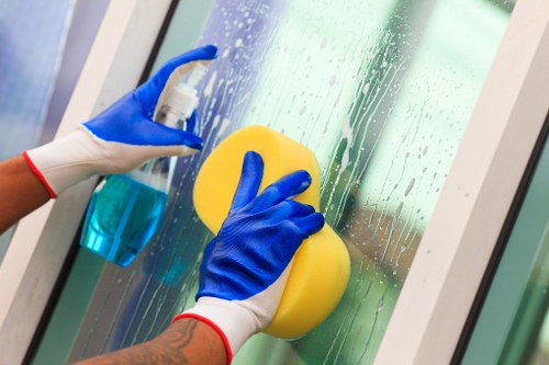 Carpet cleaning technician using protective measures during floor cleaning