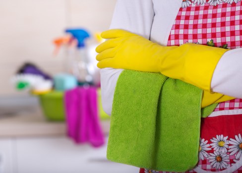 Cleaning technician reviewing service details before starting work